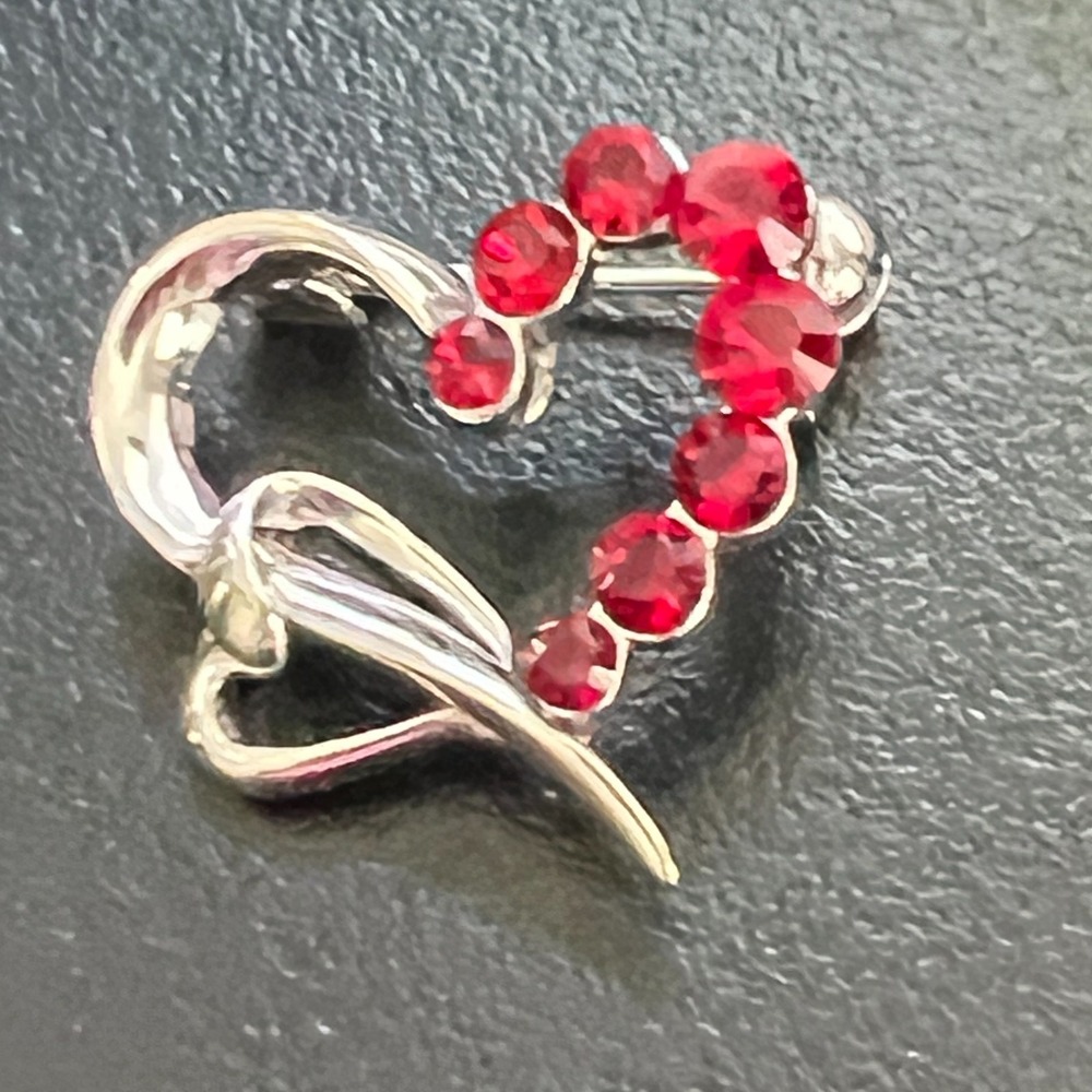 Vintage Two Heart Brooch Red Crystal Silver Tone Love Valentines Day Pin